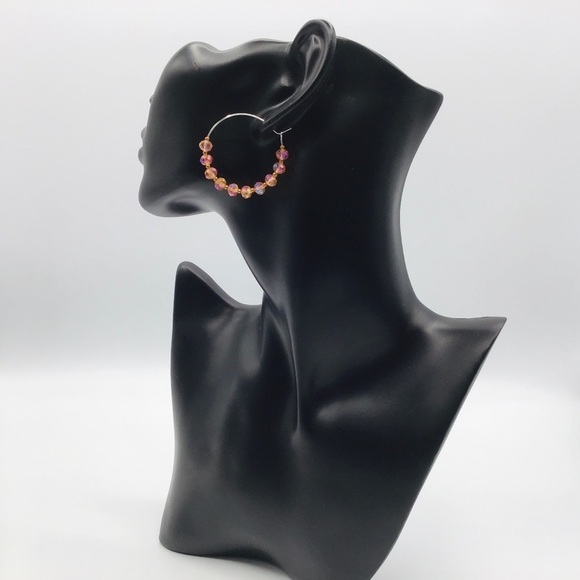 EARRINGS Hoop Boho Beads Rondelle Faceted Peach Copper Color Silver Tone Jewelry - Picture 1 of 8